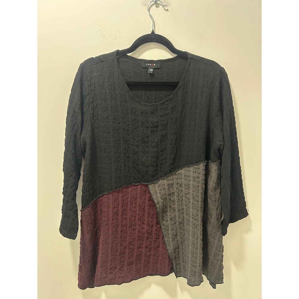 Jason Women Colorblock Crinkle Popcorn Tunic Top Black Burgundy Grey Large SW105